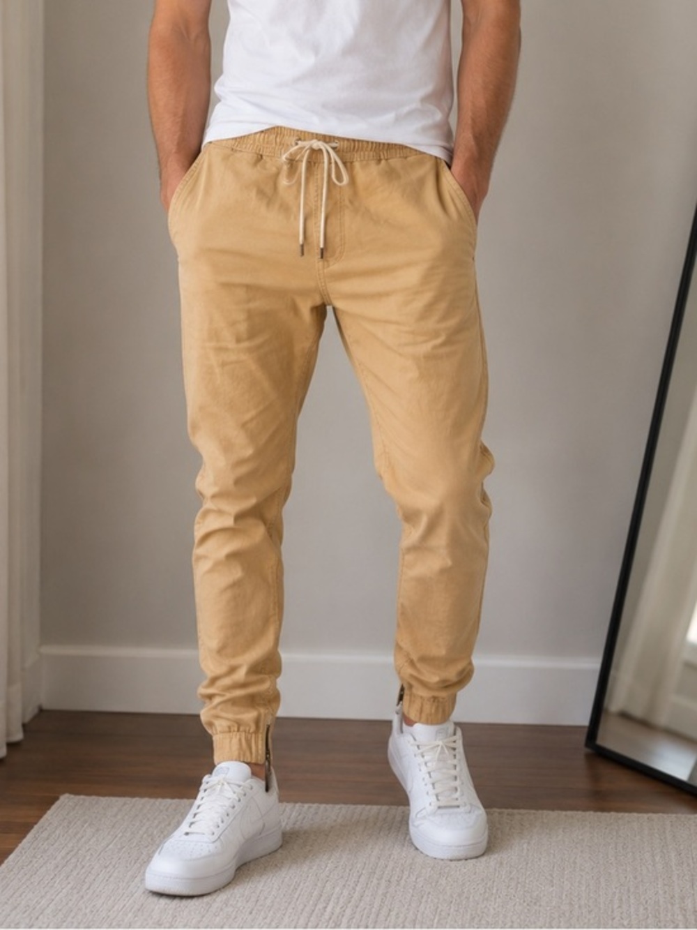 I Love Ugly cream tan  Denim Joggers Cuff Zippers lined size small